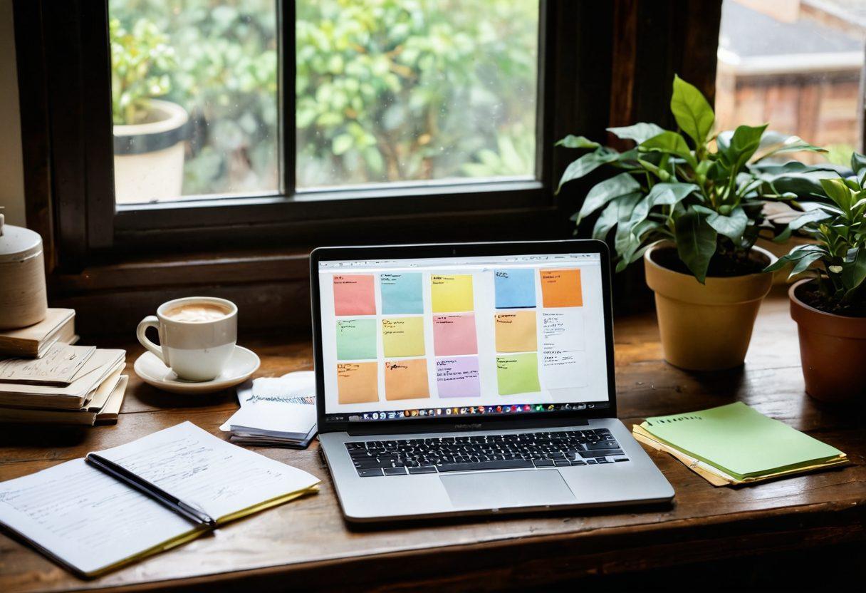 An open laptop on a rustic wooden desk, surrounded by colorful sticky notes filled with blog ideas and tips. A steaming cup of coffee sits nearby, and a potted plant adds life to the scene. Soft natural light filters through a window, illuminating a notepad with handwritten notes on digital blogging strategies. The atmosphere is inviting and creative, suggesting inspiration and productivity. super-realistic. warm tones. cozy indoor setting.
