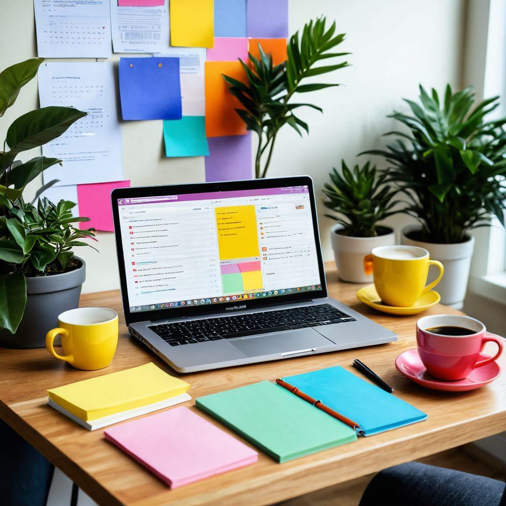 A cozy digital workspace featuring a beautifully designed online diary open on a laptop, showing colorful layouts, engaging content snippets, and creative graphics. Fluffy cushions and plants can be seen in the background, symbolizing comfort and inspiration. Colorful sticky notes and a cup of coffee on the side enhance the inviting atmosphere. super-realistic. vibrant colors. soft focus.