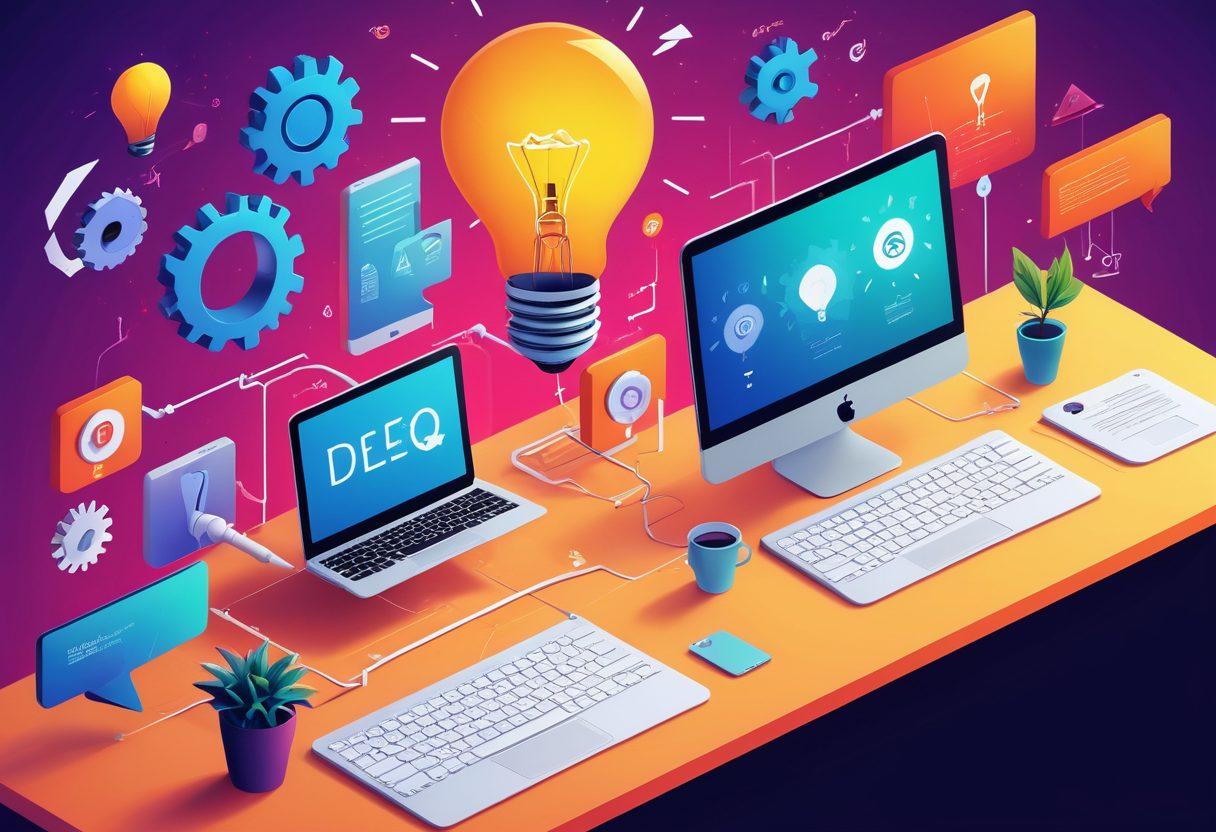 A vibrant, visually engaging illustration of a digital pathway leading from abstract concepts (like light bulbs and gears) to actual blog posts on a computer screen. Include a diverse group of people brainstorming ideas and navigating through a landscape filled with symbols of blogging, like laptops, coffee cups, and social media icons. The scene should evoke a sense of creativity and collaboration, with vivid colors and a dynamic layout. colorful vector art. super-realistic.